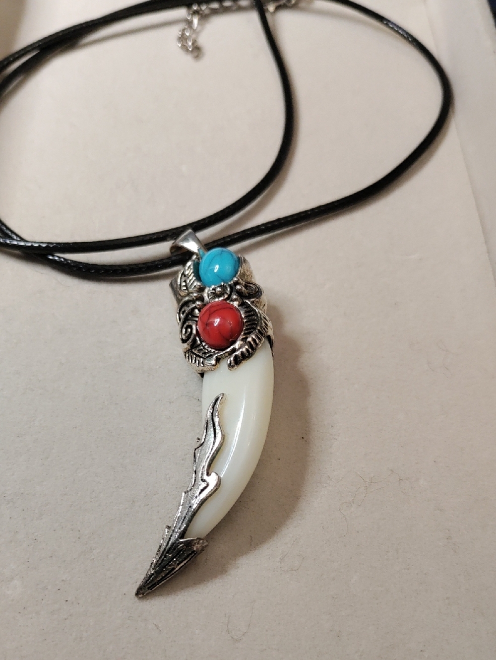Silver-Tone White Horn Pendant Necklace with Turquoise and Red Beads